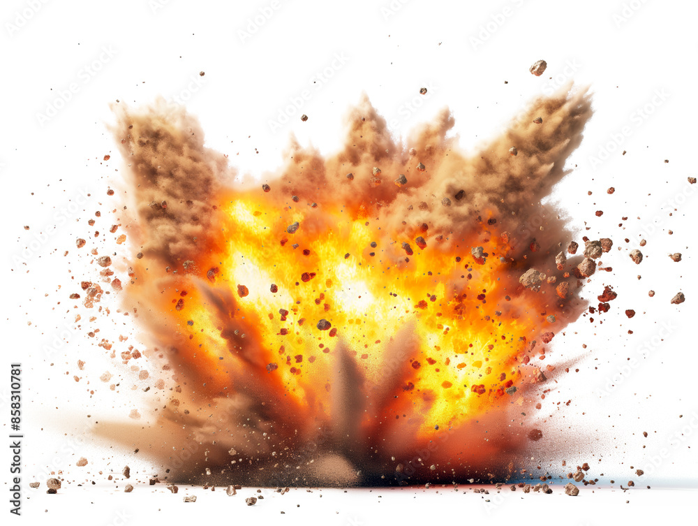 Poster an explosive burst of flames and debris on a clean white background, portraying a concept of destruc
