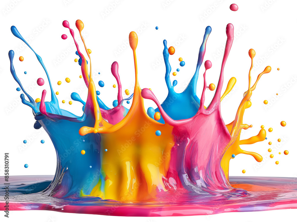 Poster multicolored paint splashes captured in mid-air against a white background, depicting the concept of