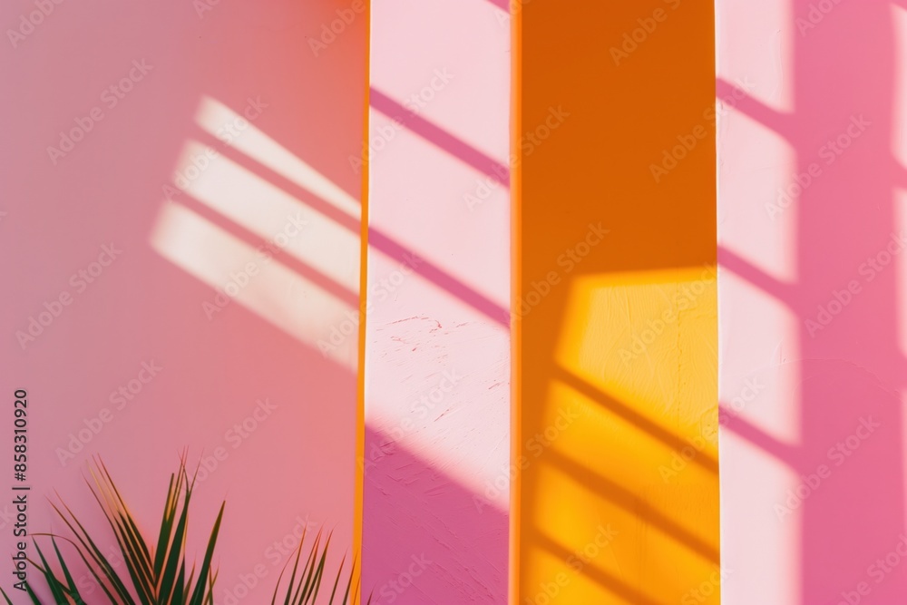 Poster a wall with a pink and yellow stripe and a plant in the foreground. the wall is illuminated by sunli