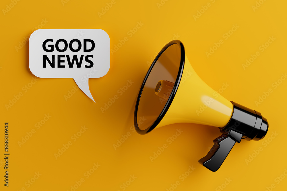 Aufkleber Yellow Megaphone with Good News Sign on a Speech Clouds Chat Bubble. 3d Rendering