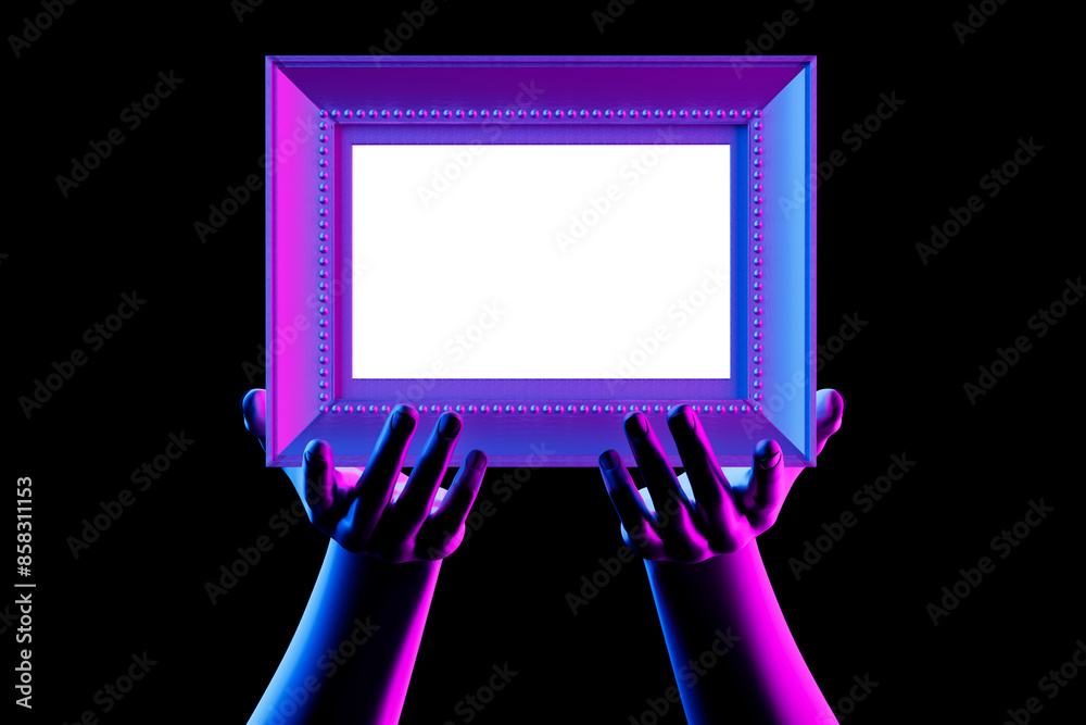 Poster Hands in Neon Light Hold a Picture Frame with Empty Space for Your Design. 3d Rendering