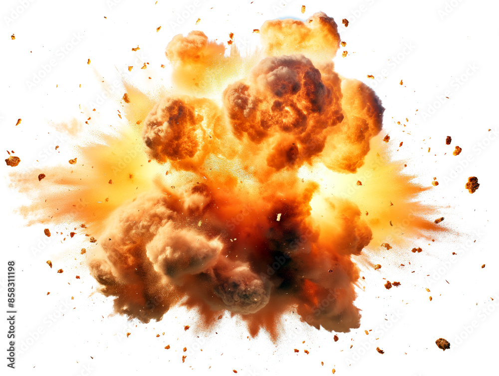 Poster a vivid explosion with debris on a white background, illustrating a concept of destruction. generati