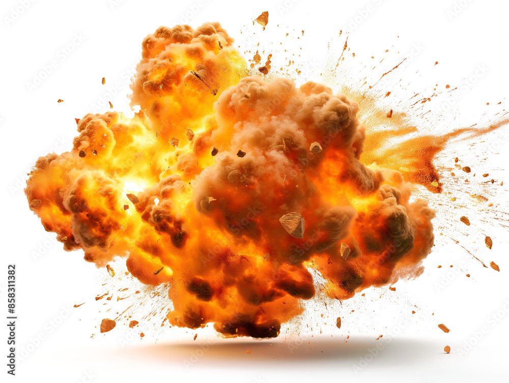 Poster a fiery explosion with debris isolated on white background, depicting a powerful blast concept. gene