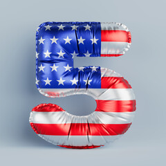 Foil Balloon Number Five Symbol for Festive, Text, Holidays and Birthday with America Flag. 3d Rendering