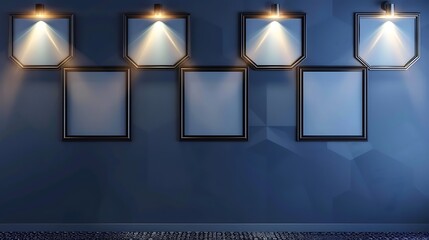 Five empty square frames in a hexagonal pattern on a midnight blue wall, each frame under its own spotlight, creating a modern and artistic effect