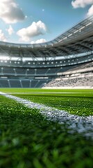 A soccer field with a bright green grass and a few lights in the background. Football stadium arena for professional match with spotlight