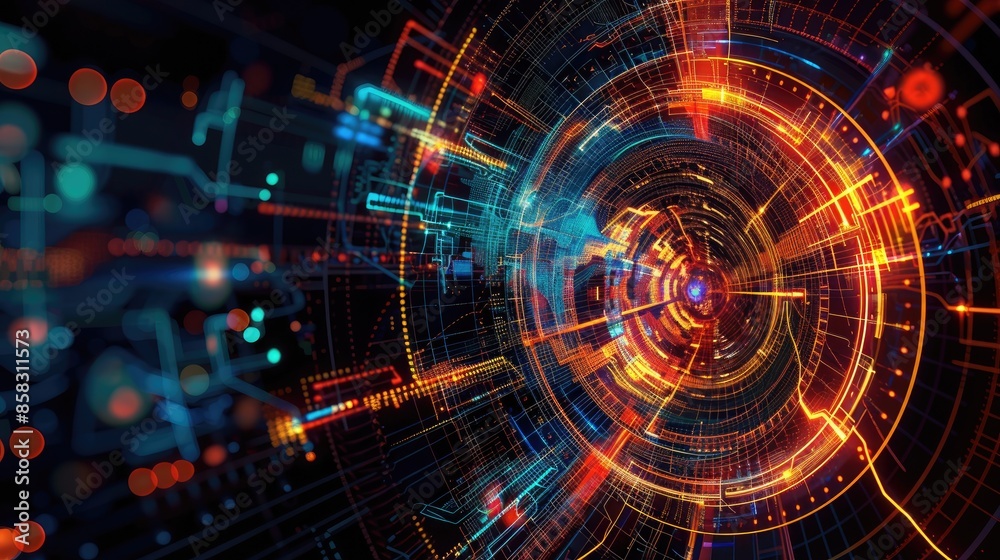 Poster elegant tech abstract background with intricate digital patterns and bright colors, highlighting tec