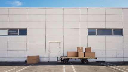 Naklejka premium A hand truck with cardboard boxes on an outdoor loading dock, with clear sky and empty space in the background for copy