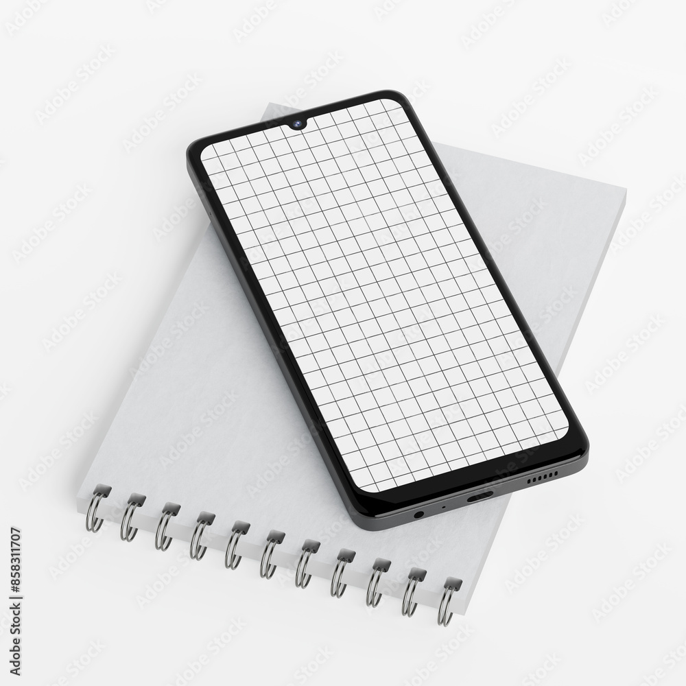 Leinwandbilder mobile phone with checkered sheet screen over blank notepad. 3d rendering