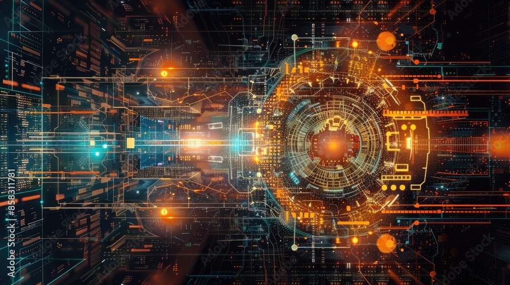 Poster elegant tech abstract background with intricate digital patterns and bright colors, highlighting tec