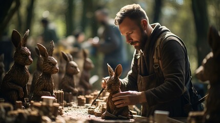 A man skillfully carving wooden rabbits amidst a serene woodland setting.
