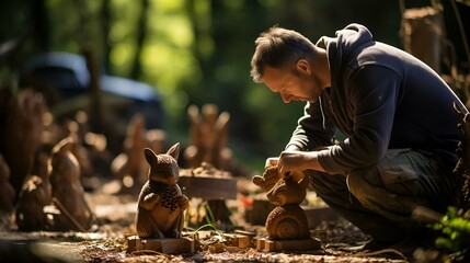 A skilled man carving wooden animals in a serene woodland .
