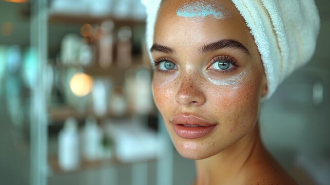 A young woman with a white towel wrapped around her head looks directly at the camera
