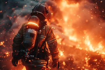 Firefighter Walking Through Intense Blaze With Oxygen Tank