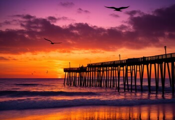 Obraz premium picturesque sunset view ocean pier, dusk, water, horizon, silhouette, reflection, calm, serene, tranquil, beautiful, scenic, colorful, sky, clouds, evening,