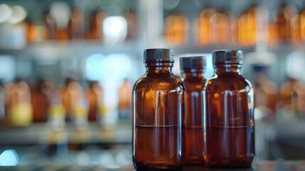 Formaldehyde in brown bottle in lab with blurred background