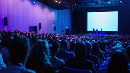 A large crowd of people are sitting in a theater watching a movie
