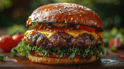 Close-up of a juicy burger with cheese, lettuce, and tomato on a picnic table with a BBQ setup in the background
