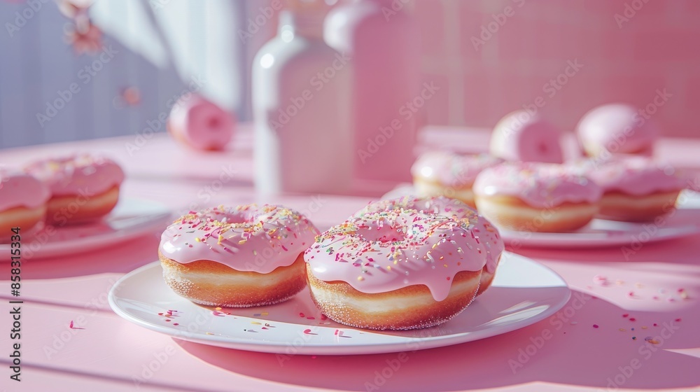 Sticker glazed donuts on white plates on a pink table