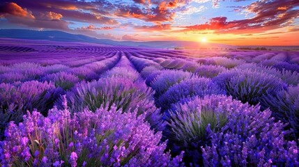 Obraz premium A field of lavender with a beautiful sunset in the background. Generate AI image