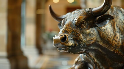 A bull statue on a trading floor, representing a rising market