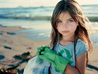 A young  girl wearing tshirt with green recycling logo on it, wearing gloves holding trash bag and posing for photo at beach