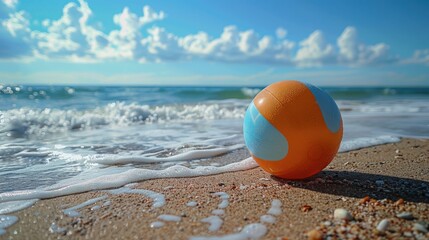 Obraz premium Close-up view of a beach ball lying on the sand with the ocean waves and a clear blue sky in the background