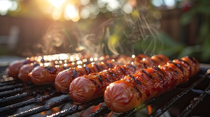 Close-up of sizzling hot dogs on a BBQ grill with a sunny backyard setting