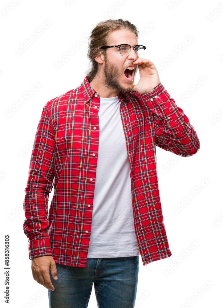 Sticker young handsome man with long hair wearing glasses over isolated background shouting and screaming lo