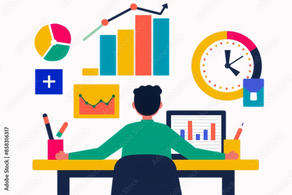 Poster a person working on data analysis at a desk using a computer, with colorful charts, graphs, and a cl
