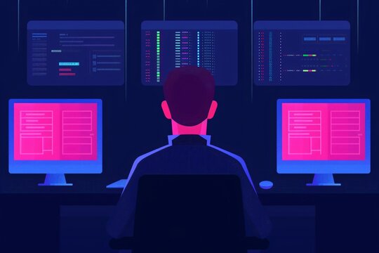 A programmer working at a computer screen in a dark room with multiple monitors, showcasing coding and data analysis.