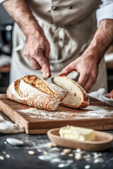 Baker slicing freshly baked rustic bread on a wooden board with butter on a rustic kitchen table