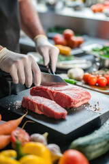 Chef slicing raw beef on a black cutting board surrounded by fresh vegetables and spices in a modern kitchen.