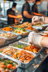 Obraz premium Chef filling takeaway containers with various dishes in a busy commercial kitchen.