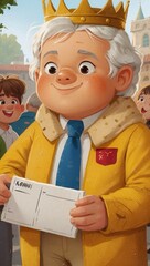 A fictional elderly man with gray hair in a yellow robe and with a crown on his head stands and holds a letter. It's a sunny, clear day in the park. Happy people are standing behind the elderly man.