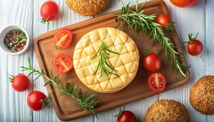 Flat lay view of homemade cheese, tomatoes, basil, gluten free rolls and rosemary on a wooden board