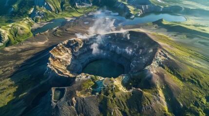 A volcano with a large crater and a lake in the foreground