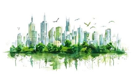 Vibrant Eco-Friendly Cityscape with Towering Skyscrapers and Lush Greenery
