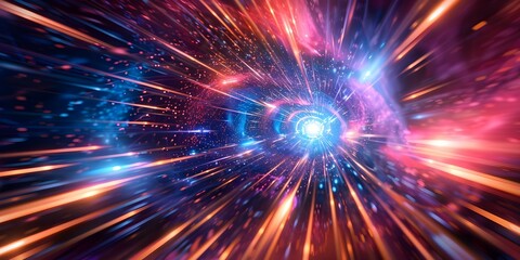 Fototapeta premium Creating a Futuristic Warp Effect with Vibrant Light Streaks Converging into a Central Point. Concept Futuristic Warp Effect, Vibrant Light Streaks, Central Point, Creative Photography