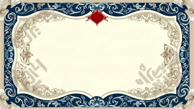 Elegant certificate border with intricate blue and beige floral patterns and a red emblem in the center. Ideal for diploma, award or appreciation printables. 