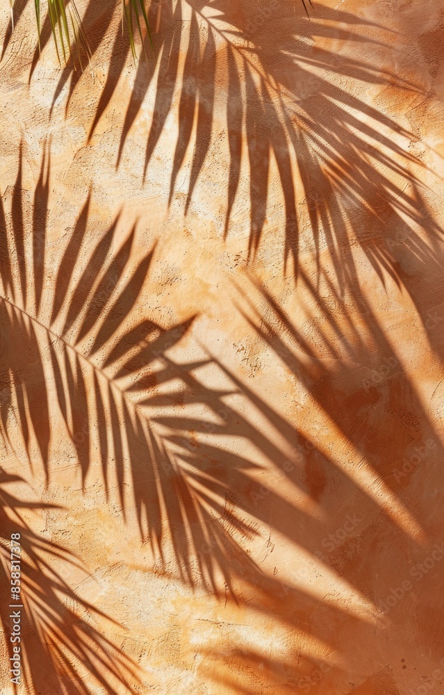 Poster a leafy palm tree casts a shadow on a wall