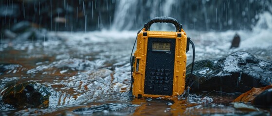 A detailed view of a portable emergency radio with NOAA weather alerts. The radio is battery-operated and designed for use during power outages or severe weather events. This image emphasizes the