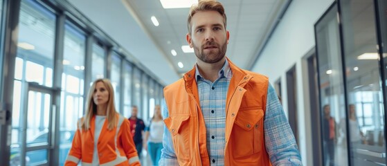 An office environment where employees are engaged in a fire drill. Staff members are seen evacuating the building in an orderly manner, guided by clear signage and a designated safety officer. This