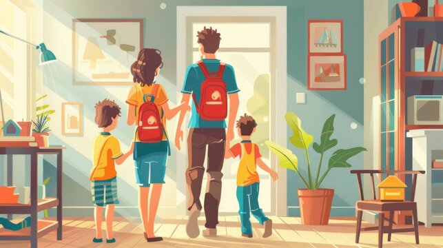 Image depicting a family practicing an emergency evacuation drill at home. The family members are seen calmly and efficiently executing their planned escape route, ensuring everyone is accounted for.