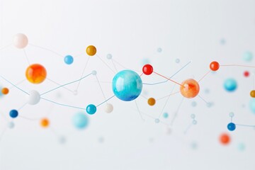 Abstract molecular structure with colorful spheres and connecting lines on a white background, representing scientific concepts and innovation.