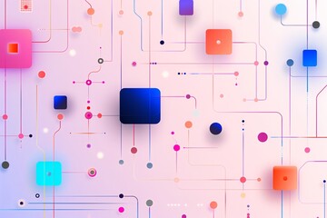 Abstract network background with colorful squares and lines connecting in a digital pattern, representing connectivity and technology.