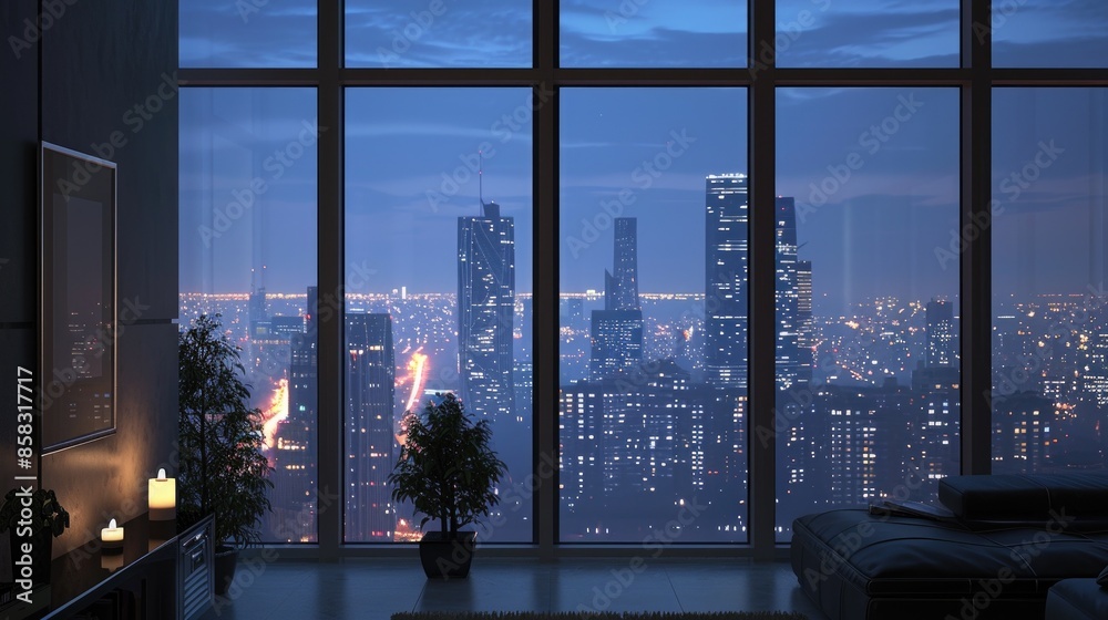 Wall mural background image of clear daylight view of modern skyline through large windows. window view of city