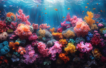 Coral reef and colorful flowers under the sea with fisghes. Created with Ai