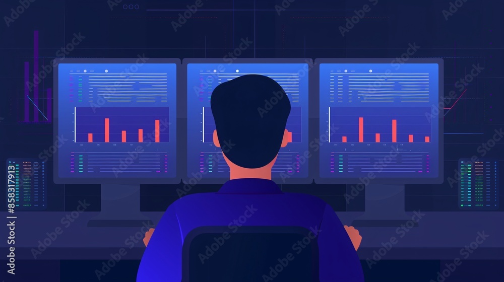 Poster back view of a person monitoring data analytics on multiple computer screens in a dark room, analyzi
