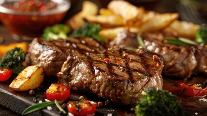 Delicious grilled steak with roasted vegetables and fries on a black stone plate, garnished with herbs and served with a side of sauce.